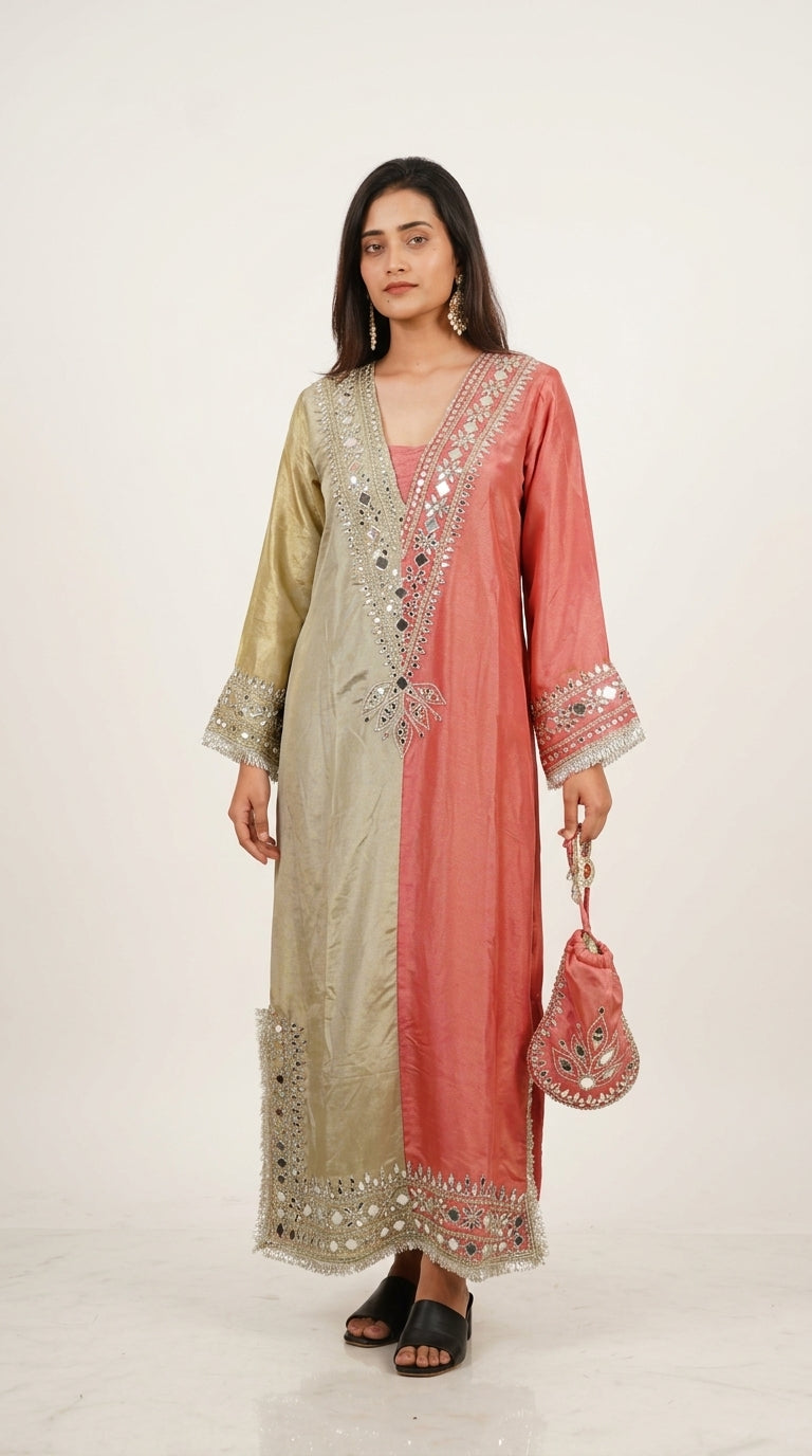 Dual-Tone Sage Green & Rose Pink Hand-Embroidered Designer Kurta Set with Potli Bag