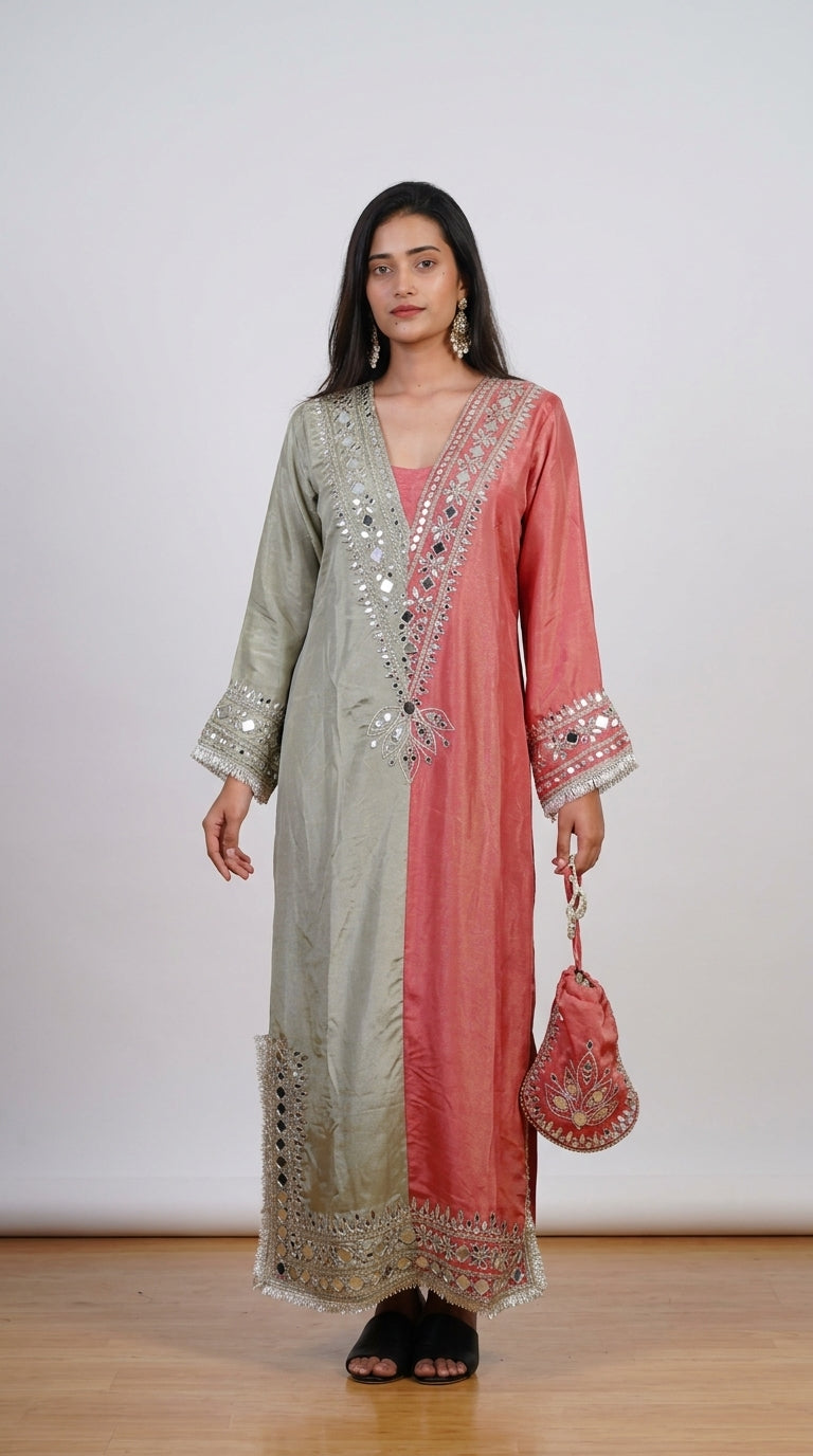 Dual-Tone Sage Green & Rose Pink Hand-Embroidered Designer Kurta Set with Potli Bag