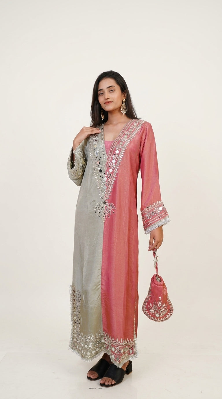Dual-Tone Sage Green & Rose Pink Hand-Embroidered Designer Kurta Set with Potli Bag