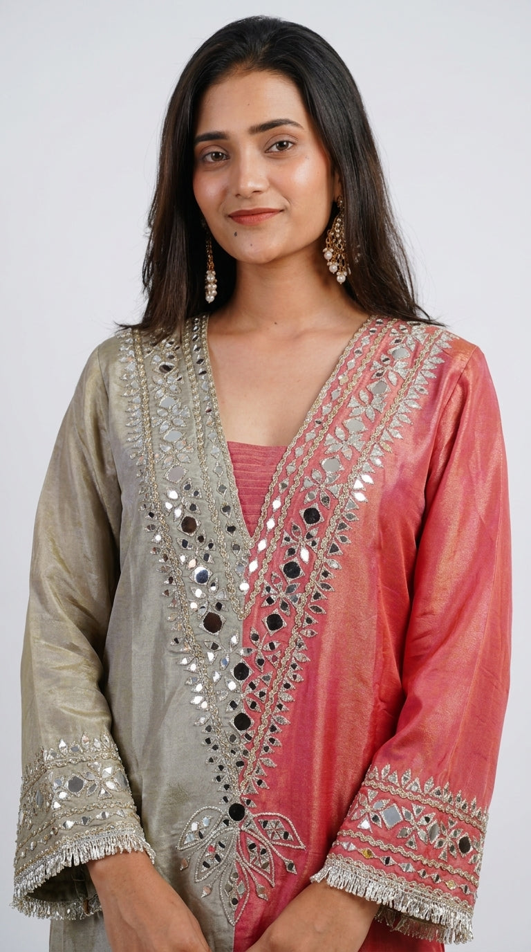 Dual-Tone Sage Green & Rose Pink Hand-Embroidered Designer Kurta Set with Potli Bag