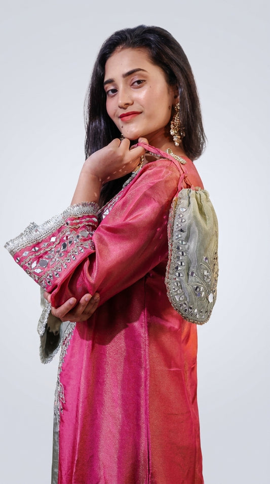 Dual-Tone Sage Green & Rose Pink Hand-Embroidered Designer Kurta Set with Potli Bag