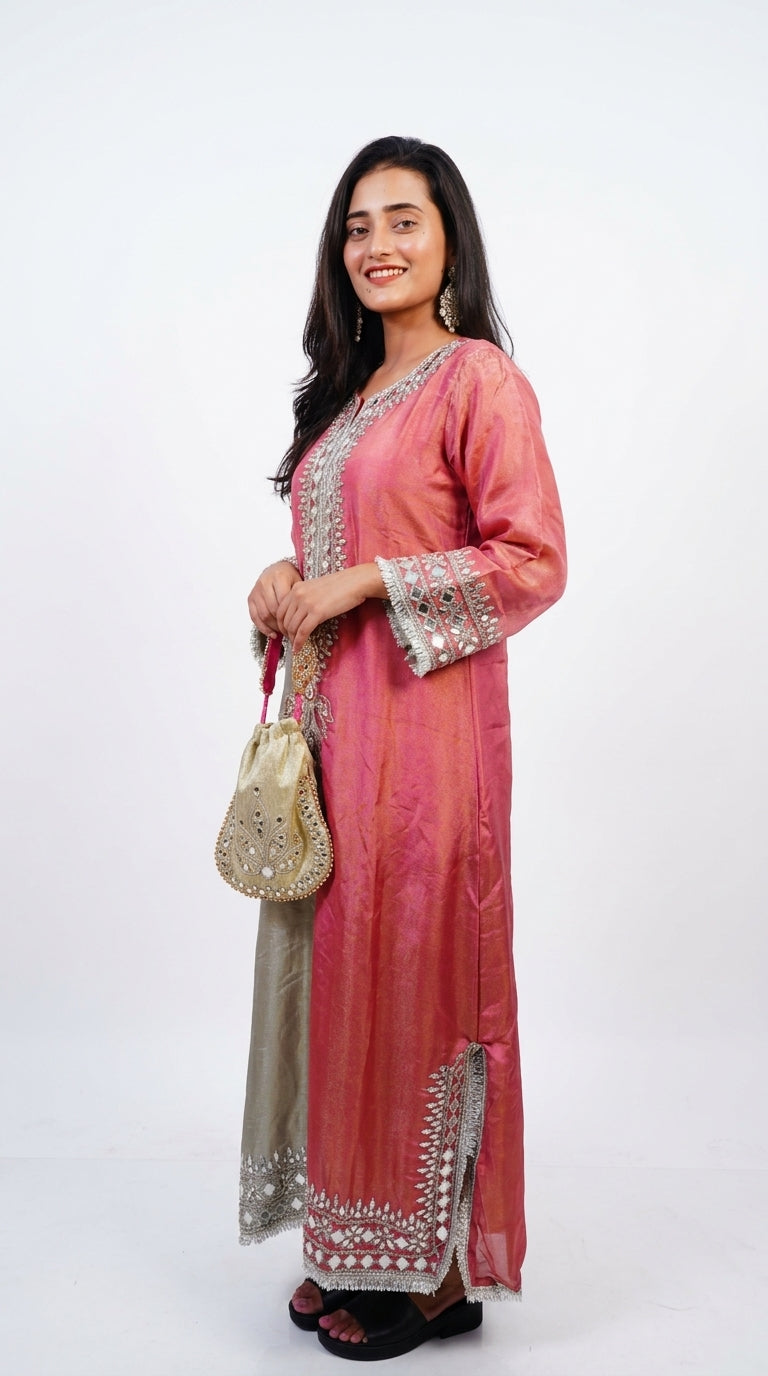 Dual-Tone Sage Green & Rose Pink Hand-Embroidered Designer Kurta Set with Potli Bag