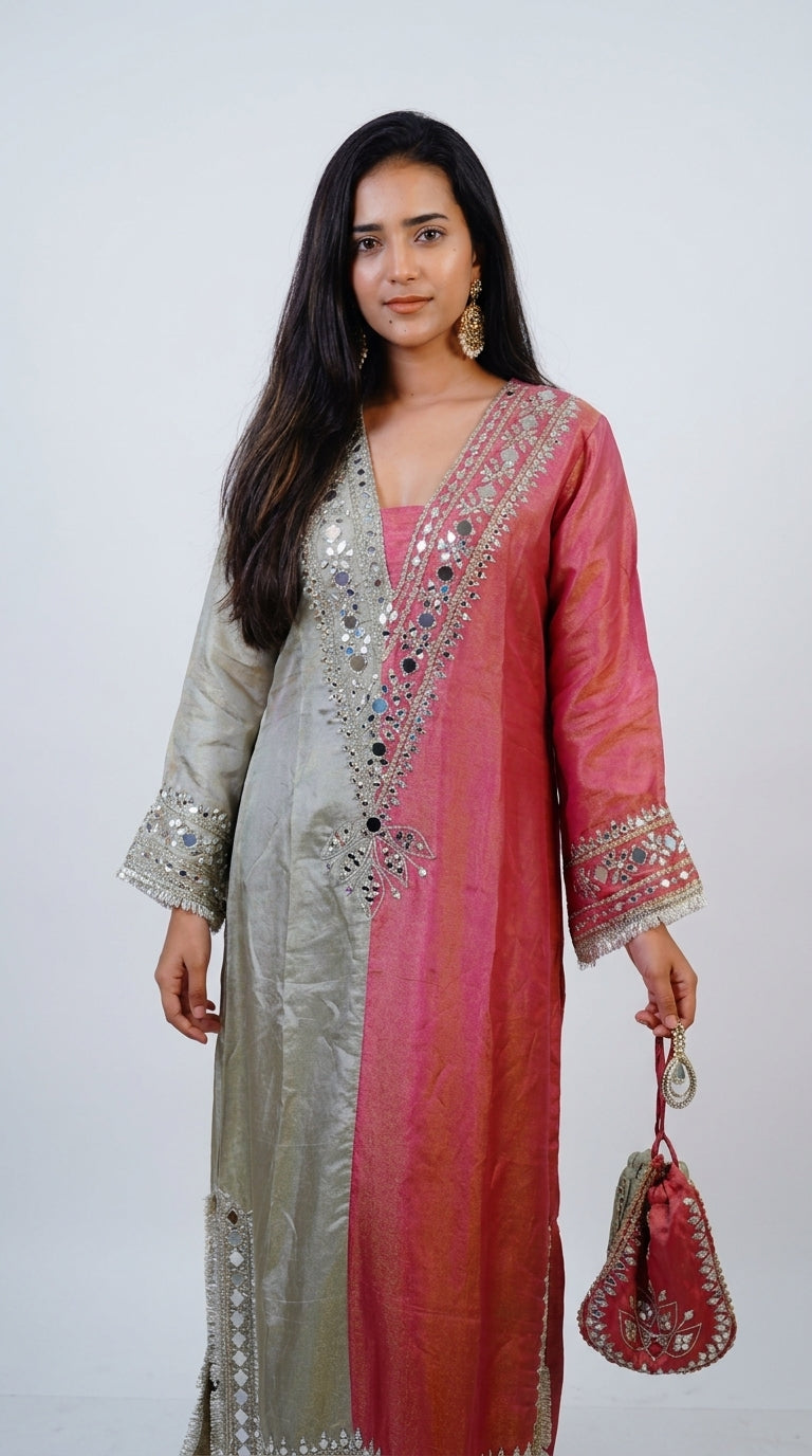 Dual-Tone Sage Green & Rose Pink Hand-Embroidered Designer Kurta Set with Potli Bag