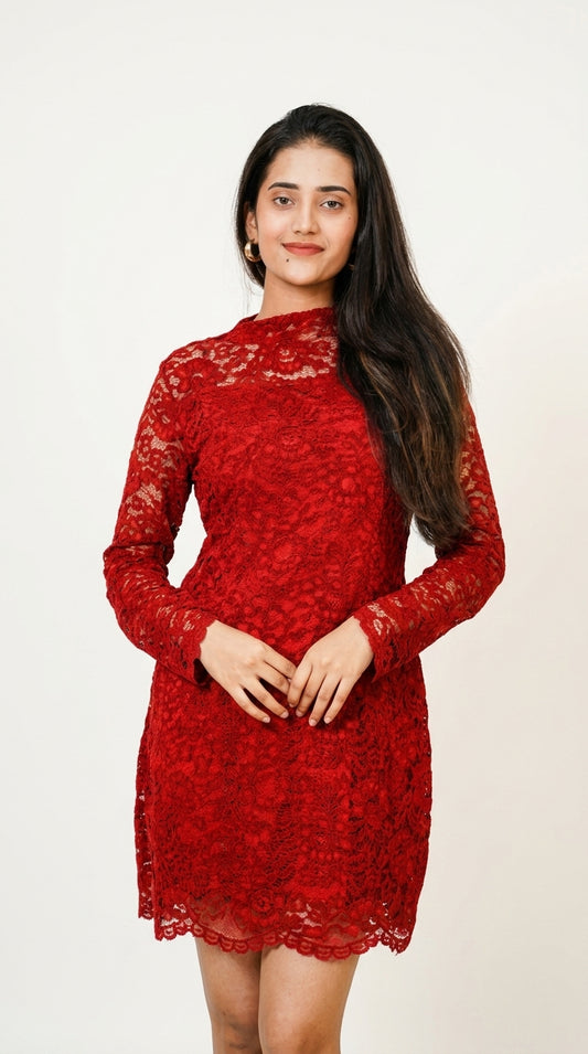 Ruby Red Floral Lace Bodycon Mini Dress