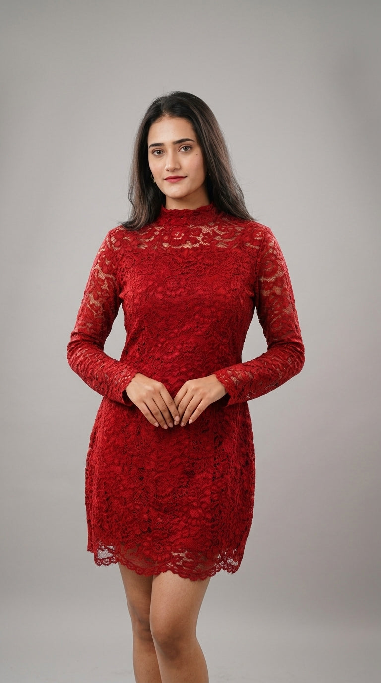 Ruby Red Floral Lace Bodycon Mini Dress
