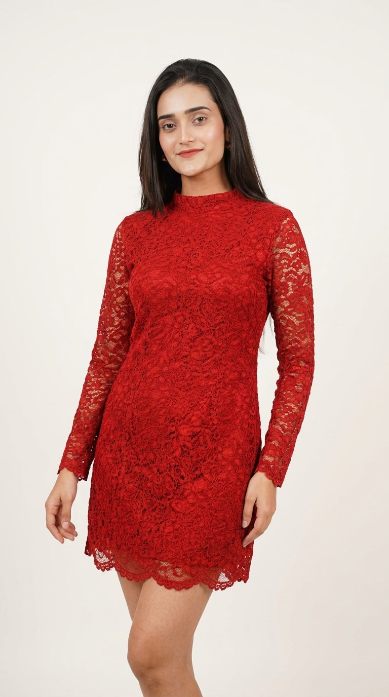 Ruby Red Floral Lace Bodycon Mini Dress