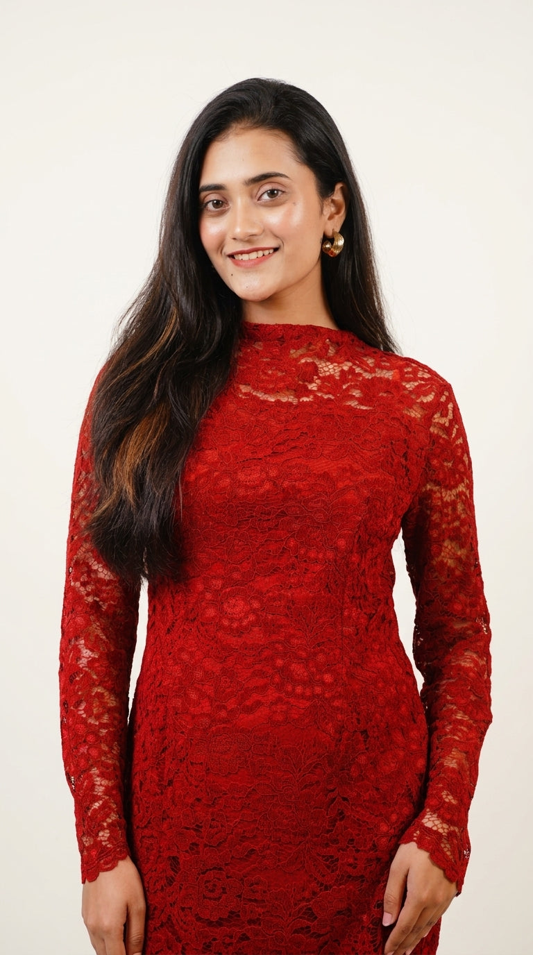 Ruby Red Floral Lace Bodycon Mini Dress