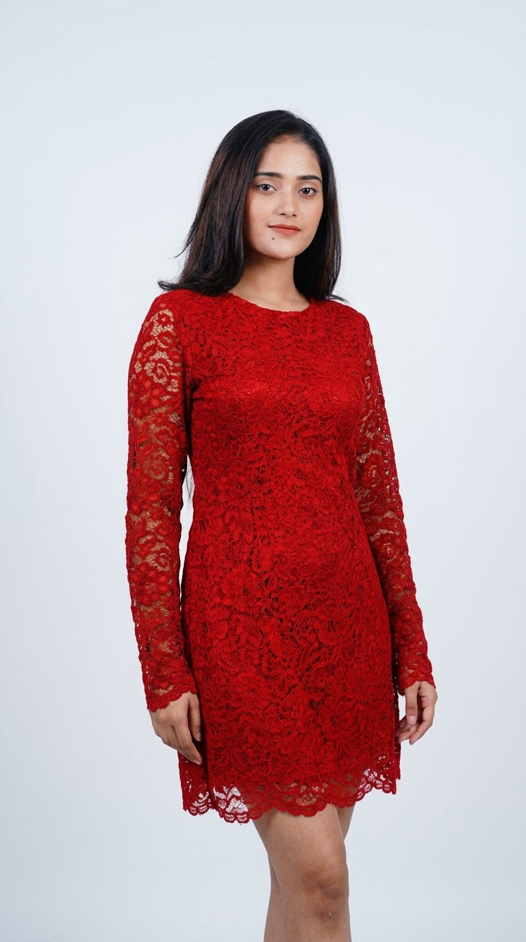 Ruby Red Floral Lace Bodycon Mini Dress