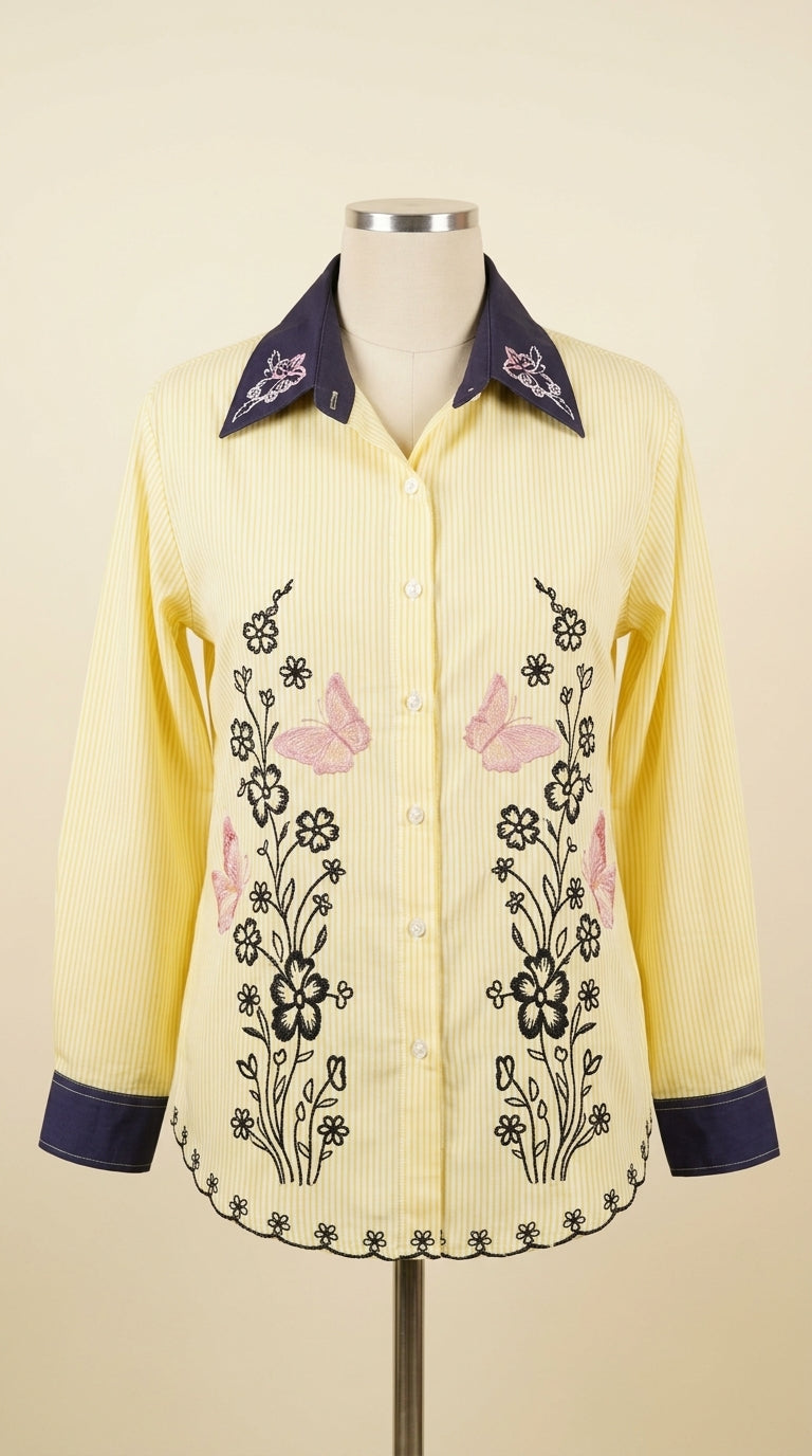 Butterfly Embroidered Yellow Cotton Shirt