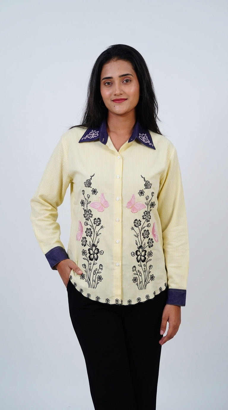 Butterfly Embroidered Yellow Cotton Shirt