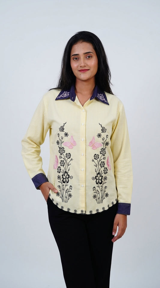 Butterfly Embroidered Yellow Cotton Shirt
