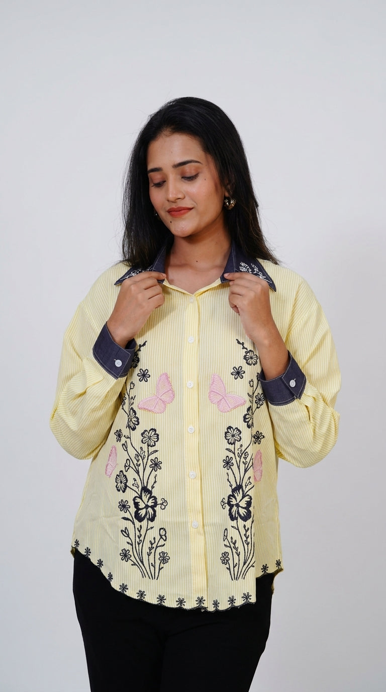 Butterfly Embroidered Yellow Cotton Shirt