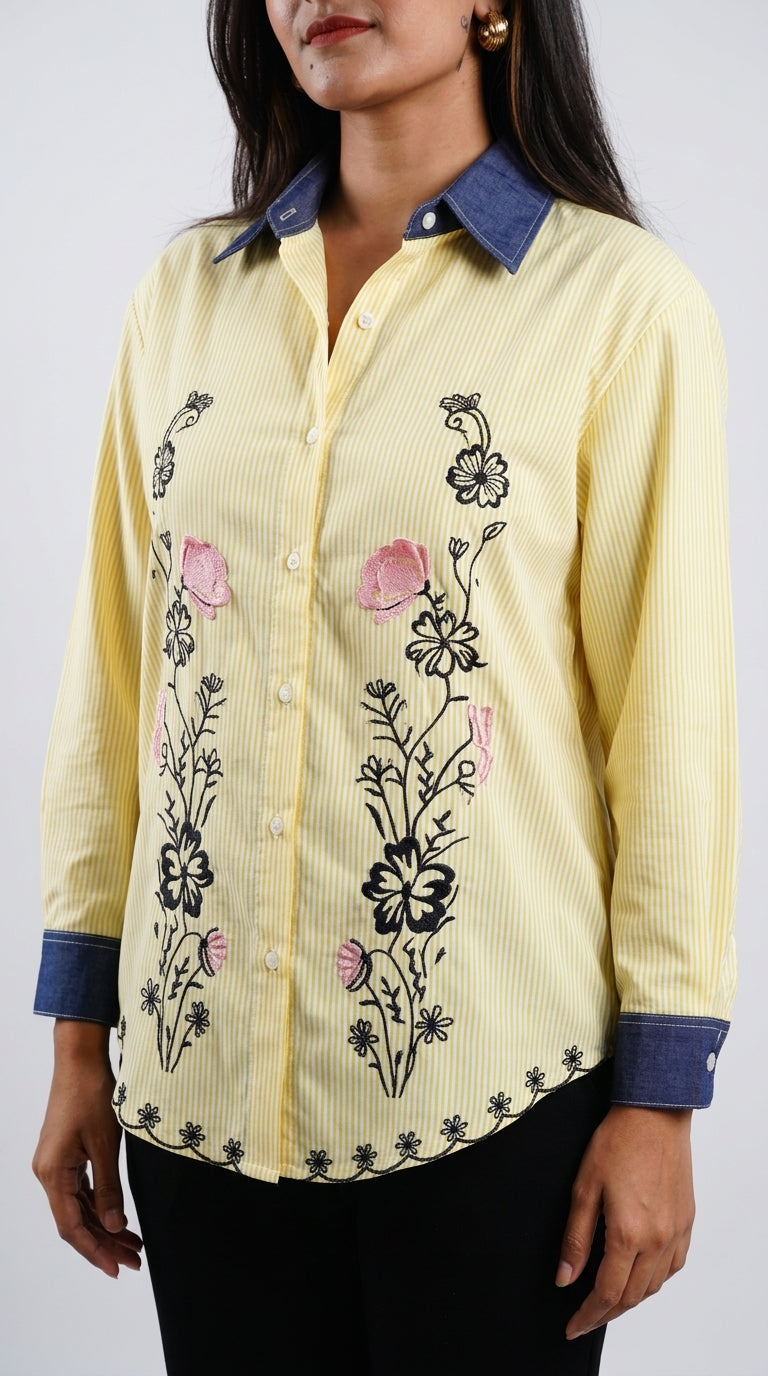 Butterfly Embroidered Yellow Cotton Shirt