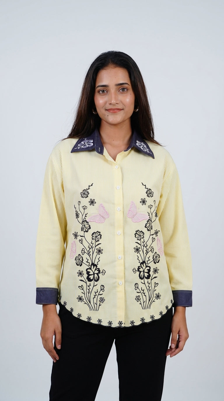 Butterfly Embroidered Yellow Cotton Shirt