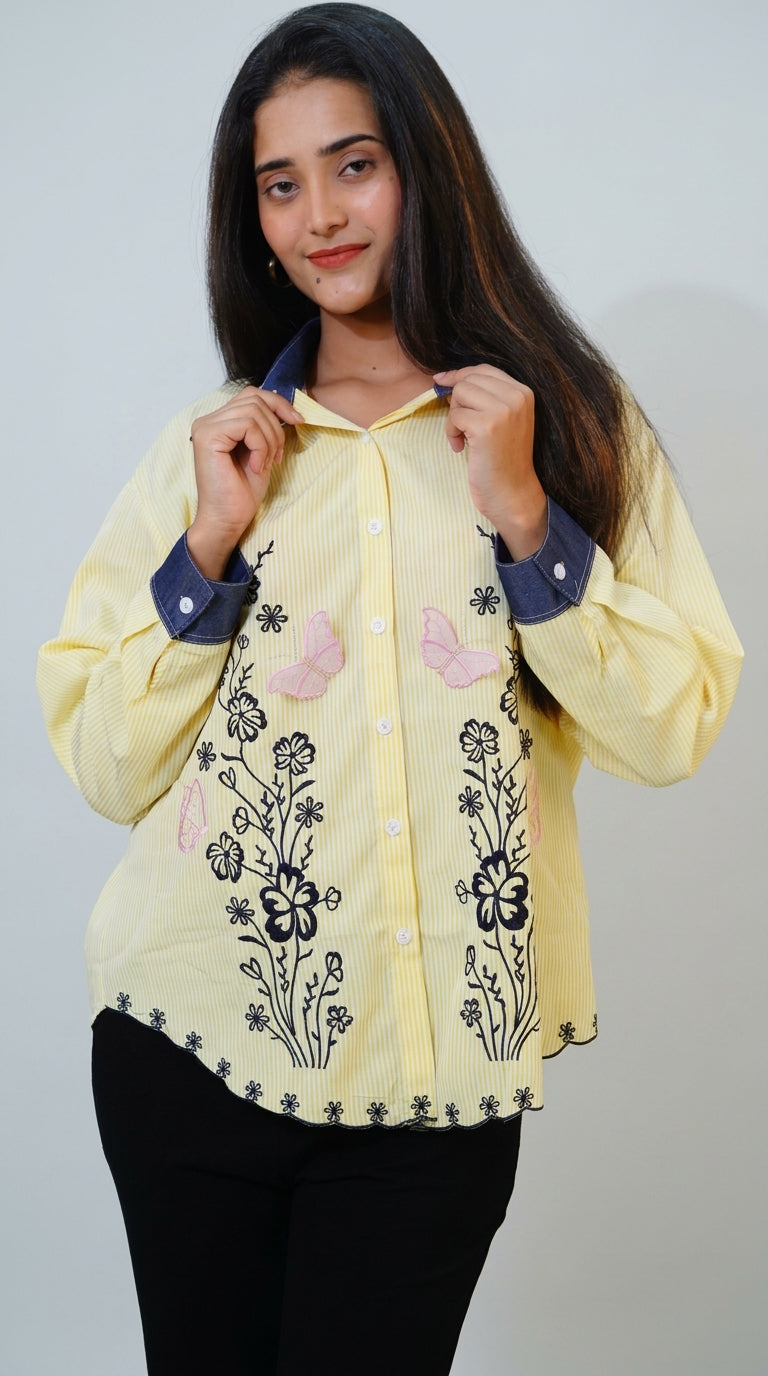 Butterfly Embroidered Yellow Cotton Shirt