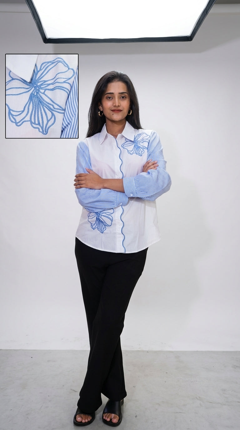 White & Blue Floral Embroidered Cotton Shirt