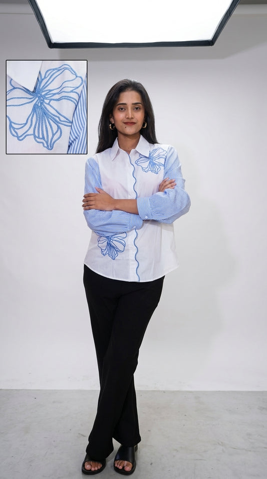 White & Blue Floral Embroidered Cotton Shirt