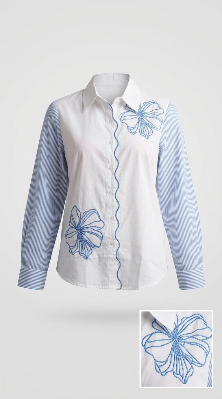 White & Blue Floral Embroidered Cotton Shirt