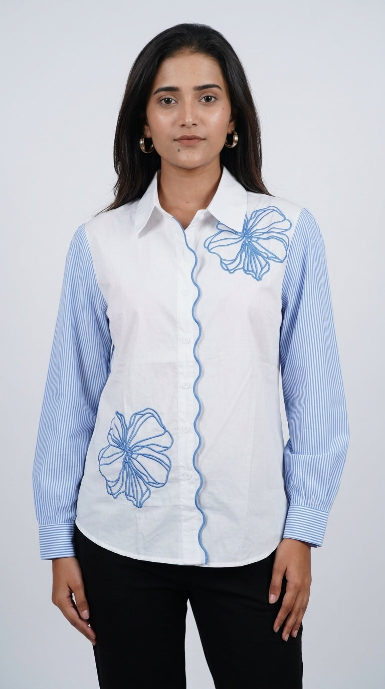 White & Blue Floral Embroidered Cotton Shirt
