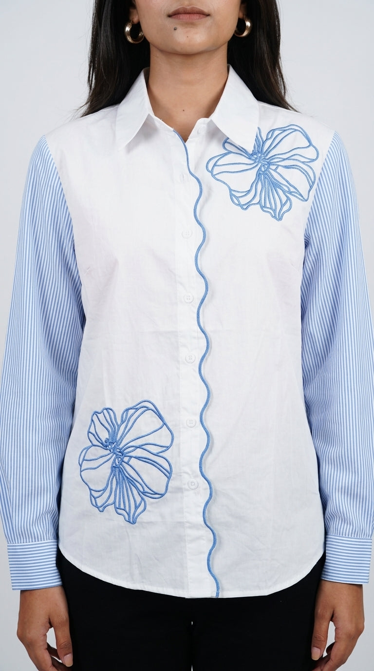 White & Blue Floral Embroidered Cotton Shirt