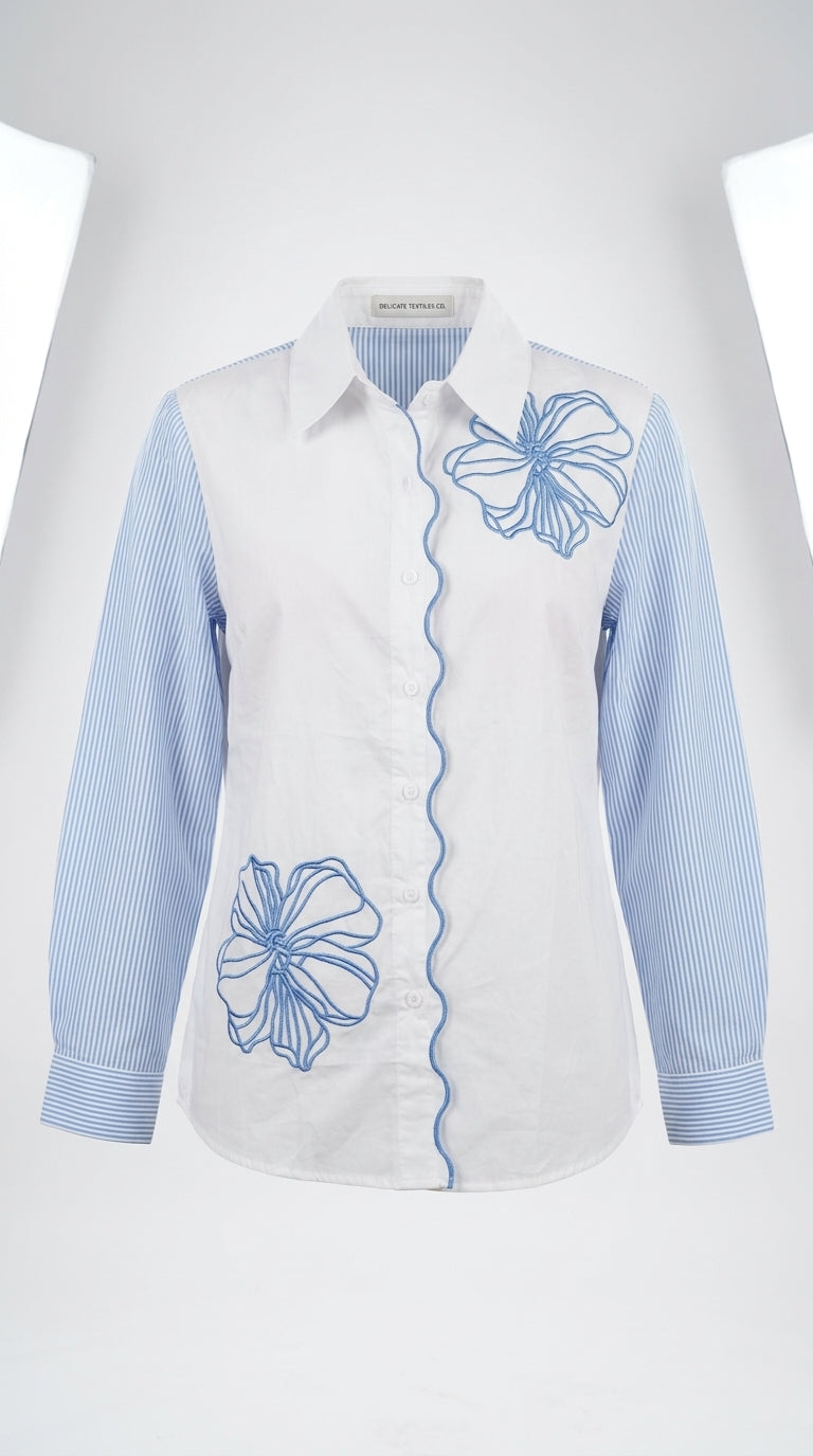 White & Blue Floral Embroidered Cotton Shirt