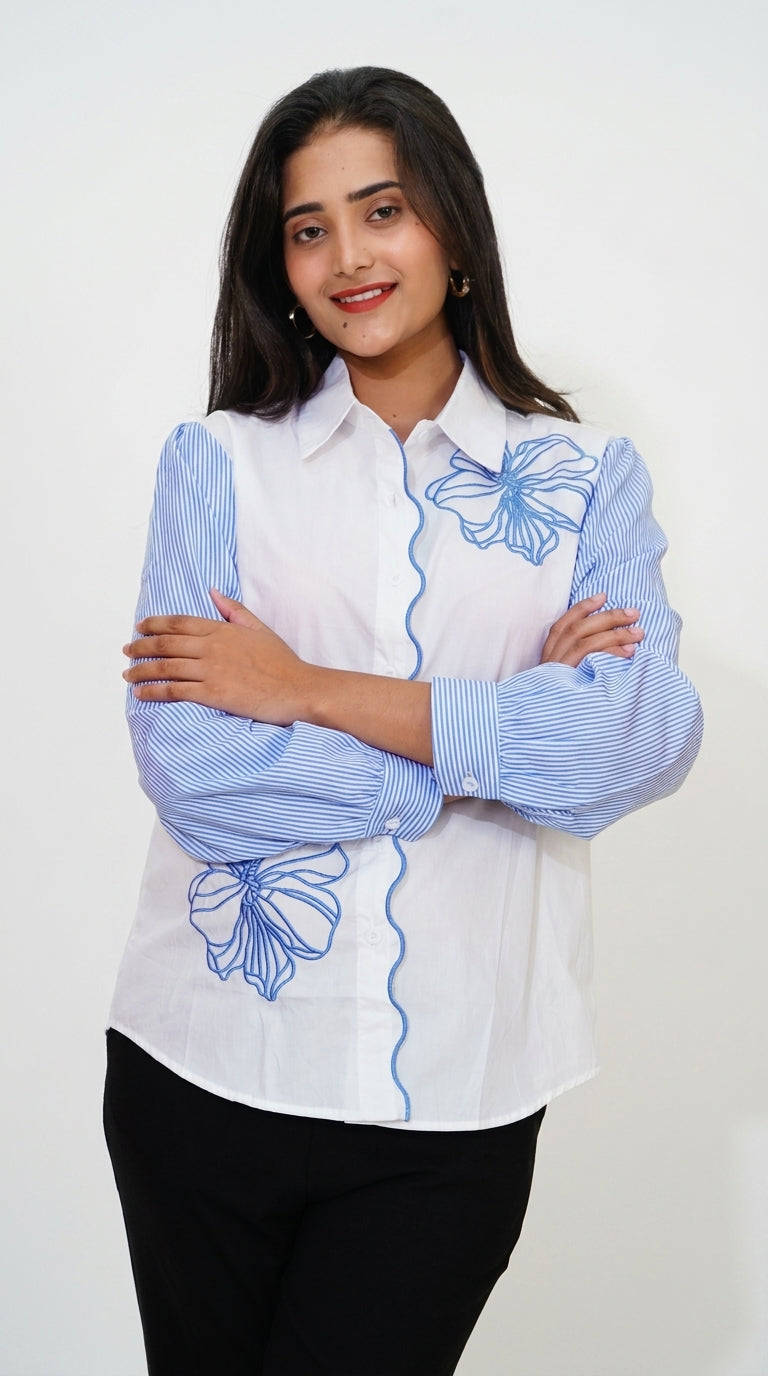 White & Blue Floral Embroidered Cotton Shirt