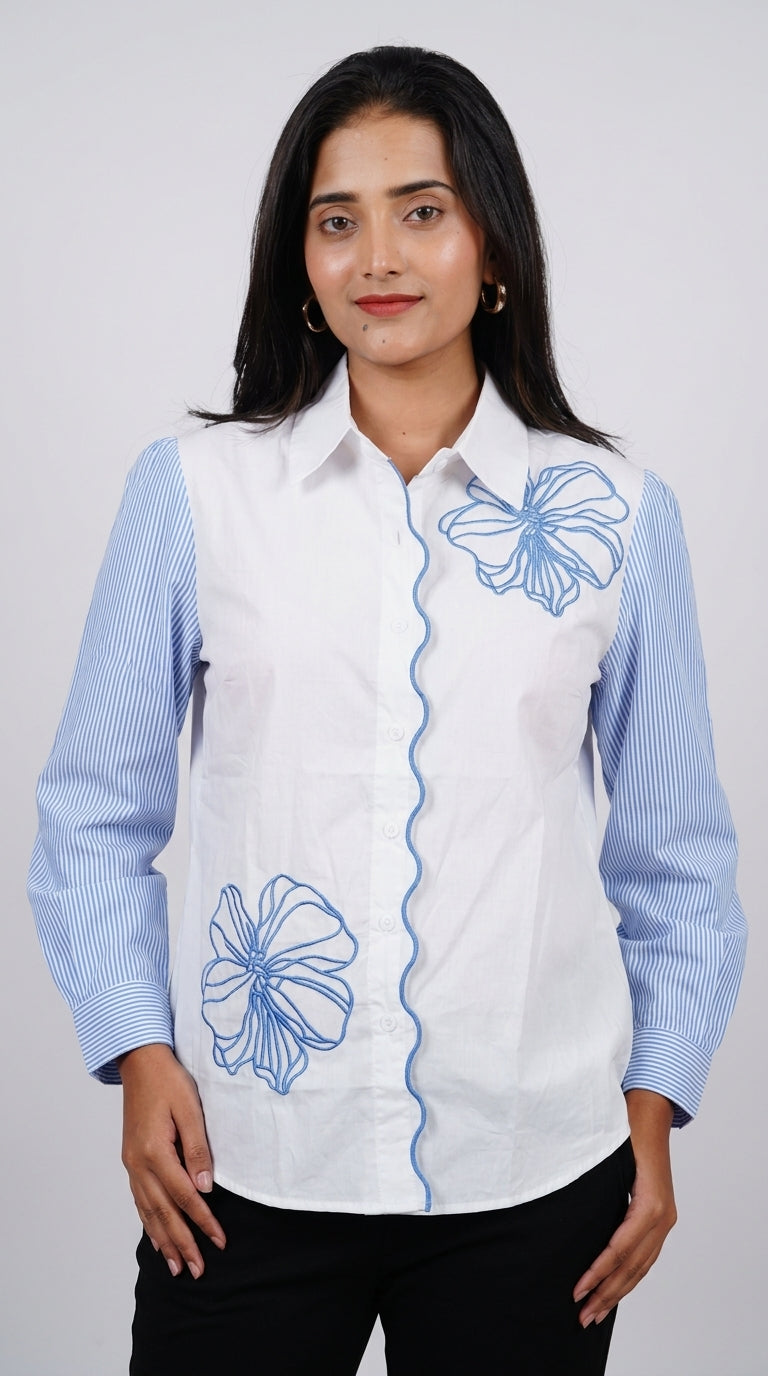 White & Blue Floral Embroidered Cotton Shirt
