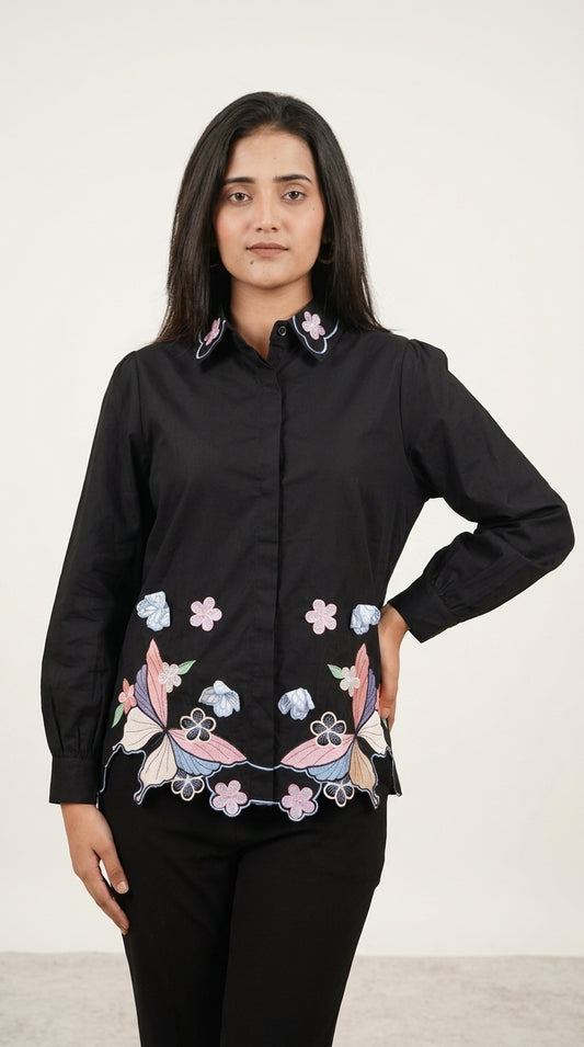 Midnight Butterfly Embroidered Cotton Shirt