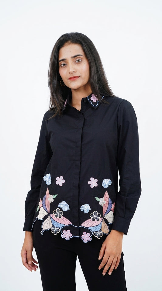 Midnight Butterfly Embroidered Cotton Shirt