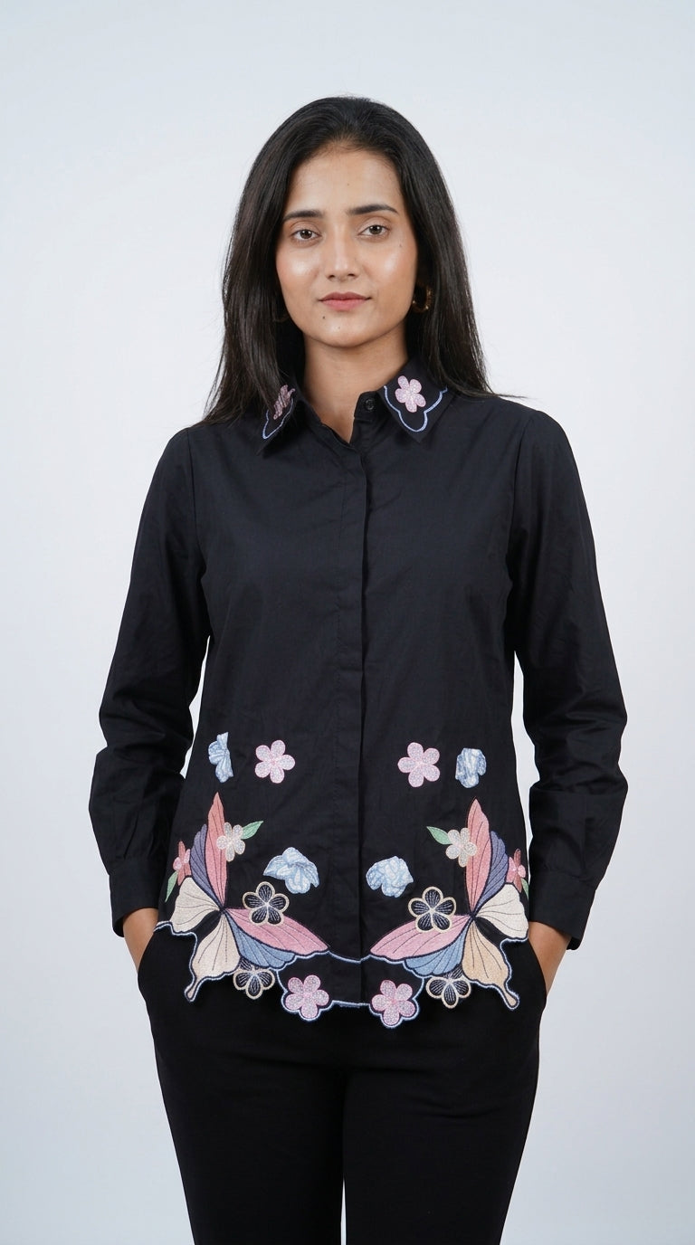 Midnight Butterfly Embroidered Cotton Shirt