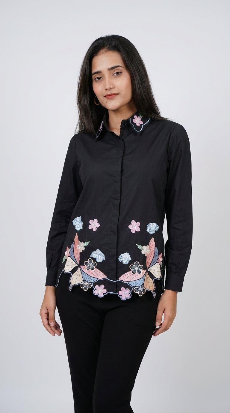 Midnight Butterfly Embroidered Cotton Shirt