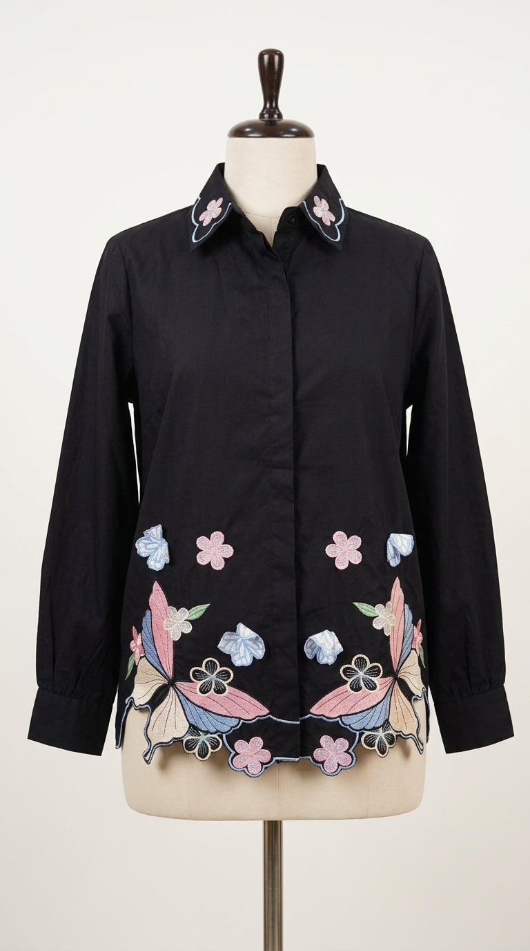 Midnight Butterfly Embroidered Cotton Shirt