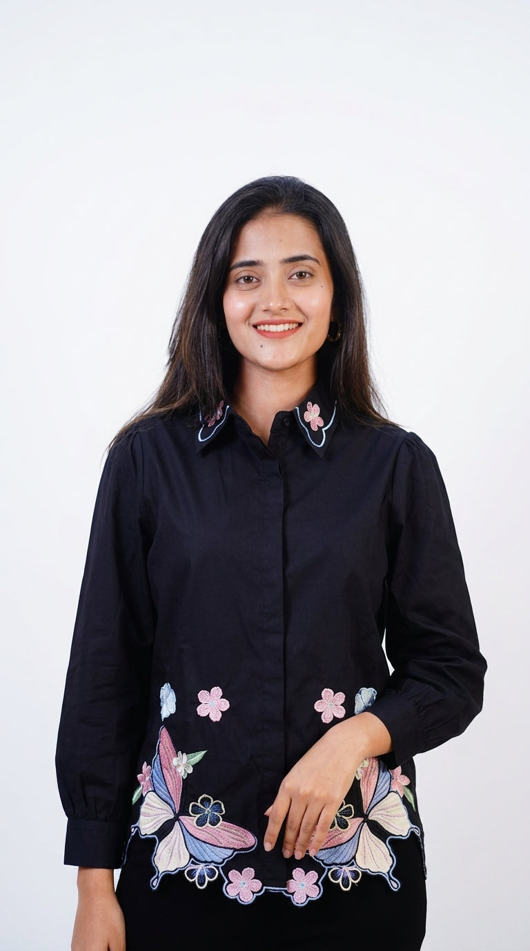 Midnight Butterfly Embroidered Cotton Shirt